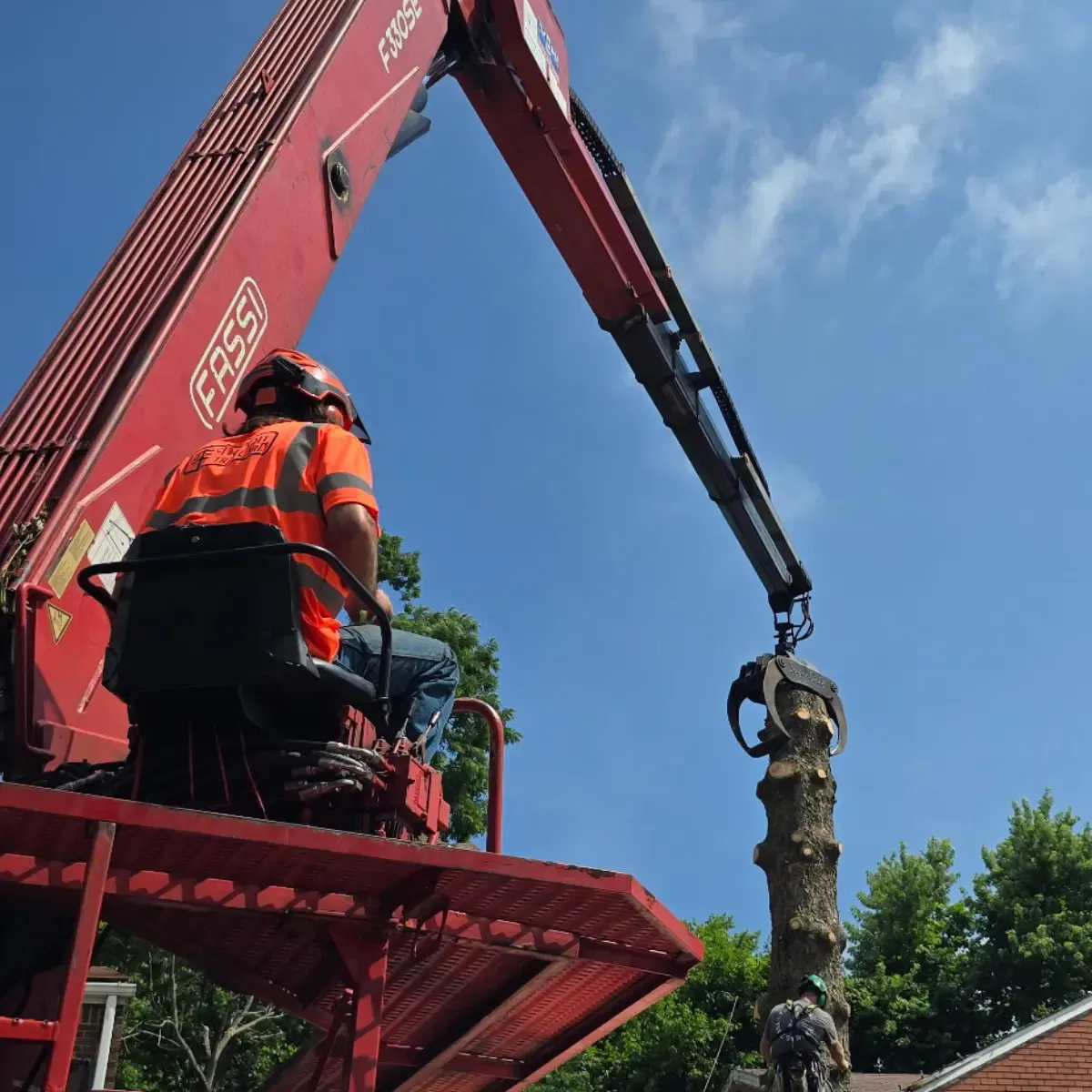 Crane truck lifting large tree sections over a residential property in Pittsburgh, PA