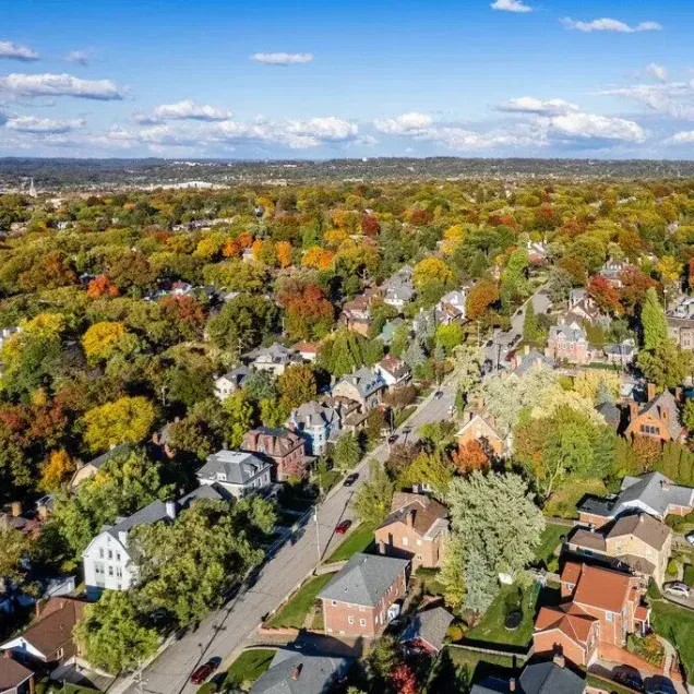Aerial view of Squirrel Hill PA showing dense urban neighborhood with tree-lined streets