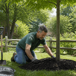 Homeowner applying mulch to the base of a young tree in a Pittsburgh landscape.