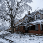 Ice-covered tree with broken branches damaging a residential home after a severe winter storm in Pittsburgh, Pennsylvania.