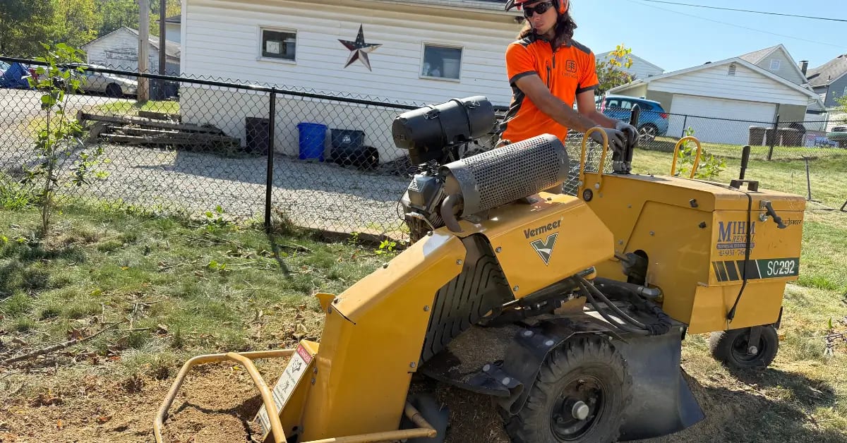 Professional stump grinding equipment removing a tree stump in a Pittsburgh yard