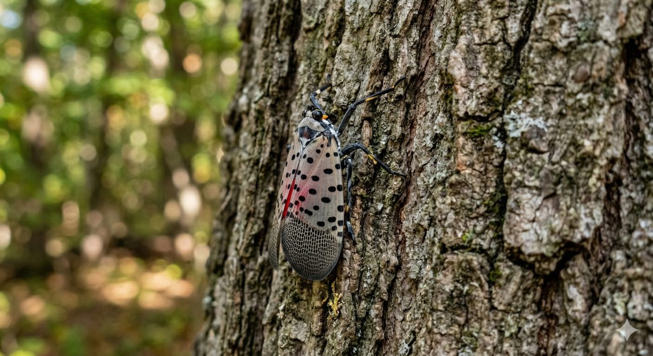 Spotted Lanternfly nymphs on a tree trunk in Western Pennsylvania